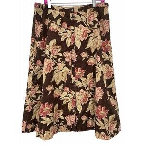 Chaps Skirt‎ 12 Brown Floral Linen Blend Midi Maxi Boho Peasant Prairie Y2k